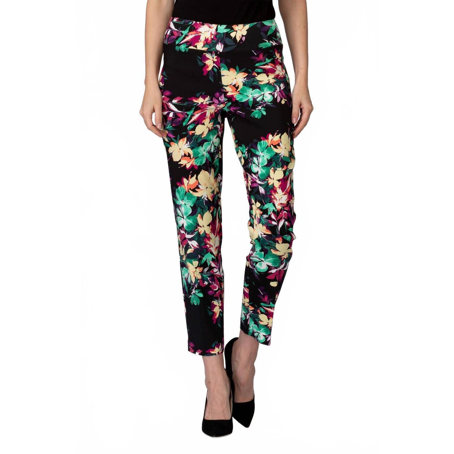 New Joseph Ribkoff Women's Floral Print Pull On Pants In Black/Yellow/Green